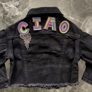 NEW raw hem black denim jacket w CIAO rhinestone letter detail on back Size 2T